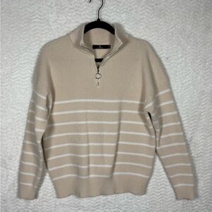 Illusory Women's Beige and White Striped Long Sleeve Sweater